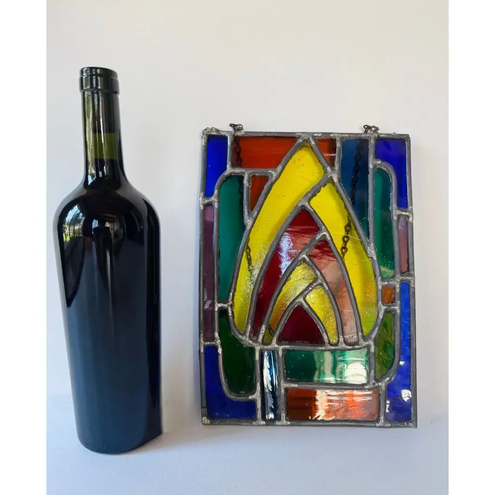 Vintage Leaded Stained Glass Window Panel Art Deco Style Geometric Hanging
